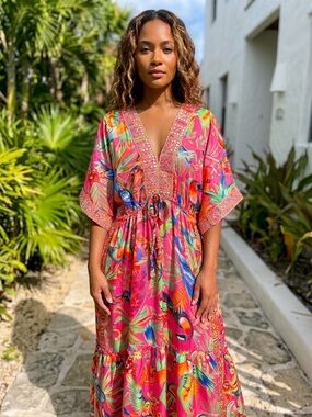 Vibrant Pink Tropical Print Dress